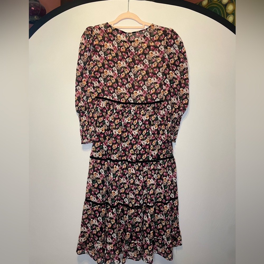 Zara Black and Pink Floral tunic Midi Dress with velvet trim Size M $100+ - Picture 3 of 8